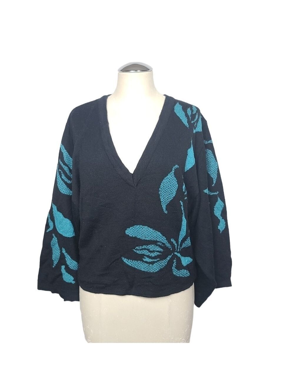 David Dart Collection V Neck Black & Teal Wide Sleeve Sweater L